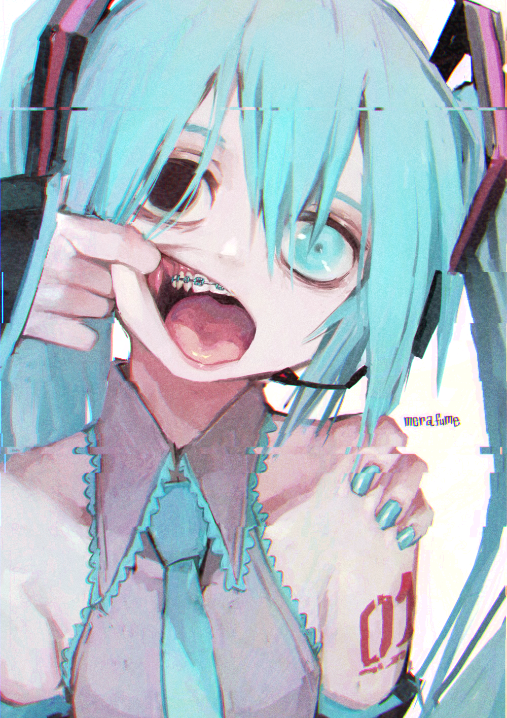 1girl aqua_eyes aqua_hair aqua_nails aqua_neckwear artist_name bangs bare_shoulders black_eyes braces collared_shirt detached_sleeves finger_in_mouth frilled_shirt_collar frills glitch grey_shirt hair_between_eyes hatsune_miku heterochromia highres looking_at_viewer merafume microphone mouth_pull necktie open_mouth portrait shirt sleeveless sleeveless_shirt solo tongue twintails vocaloid