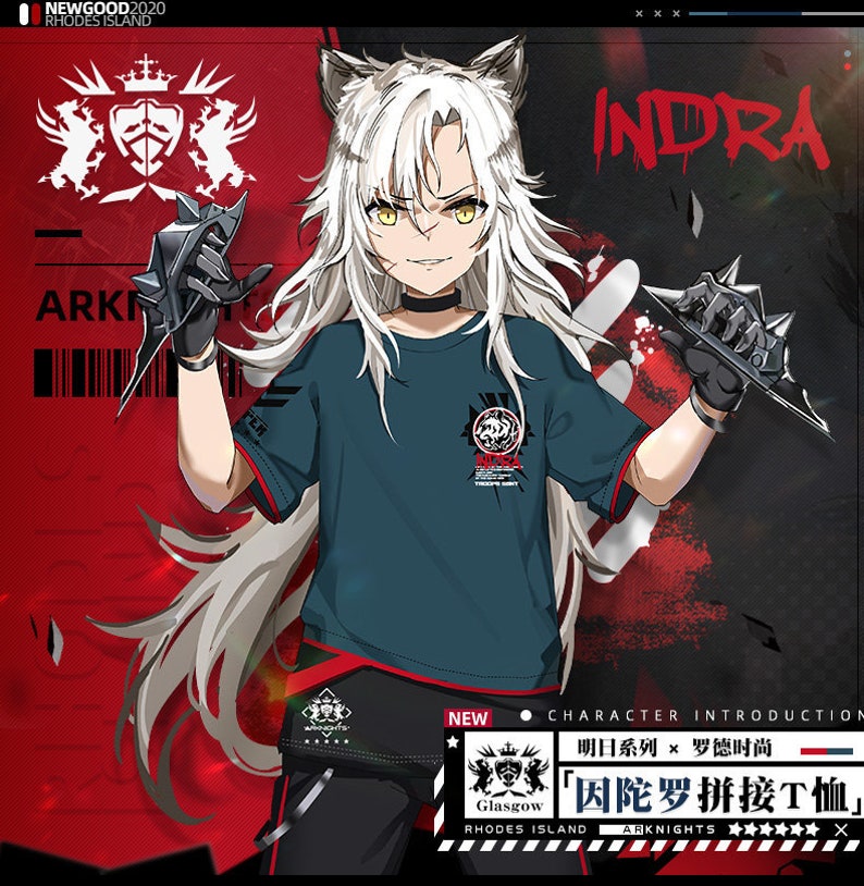 1girl alternate_costume animal_ears arknights bangs black_background black_choker black_gloves black_pants blue_shirt character_name choker commentary_request cowboy_shot gloves hair_between_eyes holding holding_weapon indra_(arknights) kingdom_of_victora_logo korean_commentary long_hair looking_at_viewer manggapaegtoli pants parted_lips red_background shirt short_sleeves silver_hair smile solo standing t-shirt tiger_ears translation_request two-tone_background very_long_hair weapon yellow_eyes