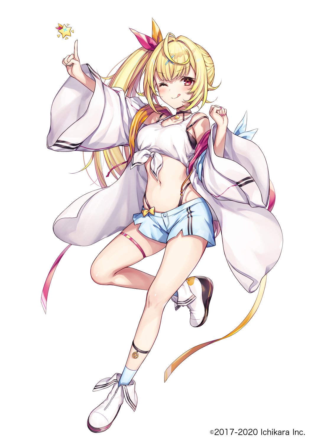1girl ;q ahoge bare_shoulders blonde_hair blue_shorts breasts closed_mouth crop_top front-tie_top full_body hair_ribbon highleg highres hoshikawa_sara index_finger_raised jacket komeshiro_kasu leg_up long_hair long_sleeves looking_at_viewer medium_breasts midriff navel nijisanji off_shoulder official_art one_eye_closed open_clothes open_jacket outstretched_arm red_eyes ribbon shirt shoes short_shorts shorts side_ponytail simple_background sleeveless sleeveless_shirt smile socks solo star_(symbol) stomach thigh_strap thighs tongue tongue_out very_long_hair virtual_youtuber watermark white_background white_footwear white_jacket white_shirt wide_sleeves