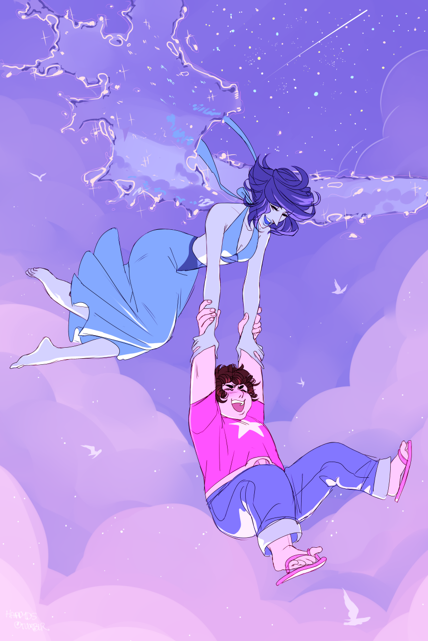 1girl blue_hair blue_skin blush brown_hair clouds curly_hair flying happyds highres holding holding_sword holding_weapon lapis_lazuli_(steven_universe) long_skirt pants shirt short_hair skirt sky slippers smile star_(sky) star_(symbol) starry_sky steven_quartz_universe steven_universe sword water weapon wings