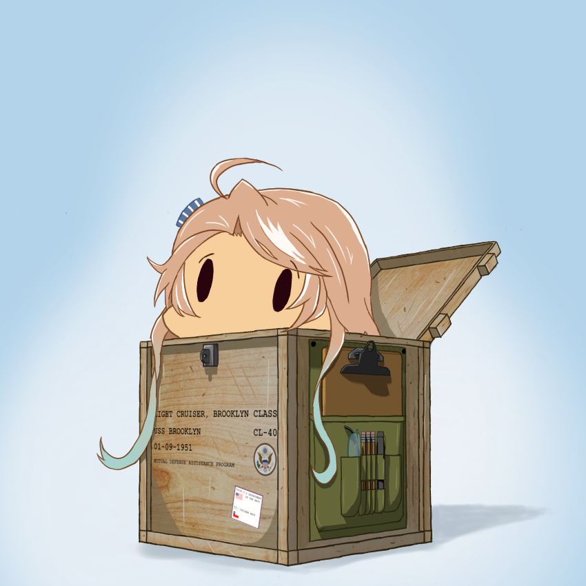 1951 1girl american_flag artist_request azur_lane blue_background box brooklyn_(azur_lane) character_name chilean_flag coat_of_arms dark_skin glasses in_box in_container light_brown_hair long_hair navy open_box pen pencil simple_background solo wooden_box