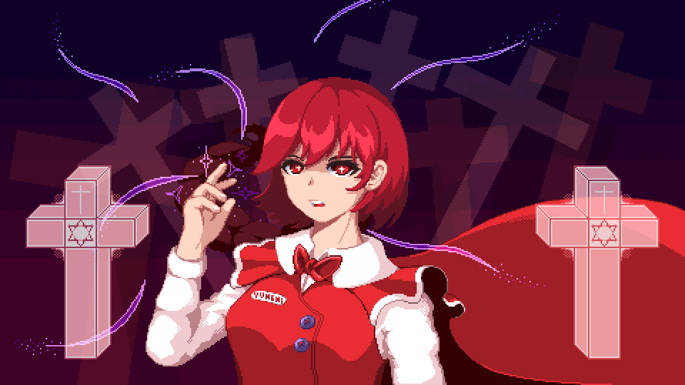 1girl bow bowtie braid buttons cape celtic_cross cross ears hexagram name_tag nukekip okazaki_yumemi parted_lips pixel_art redhead short_hair solo star_of_david symbol-shaped_pupils touhou touhou_(pc-98)