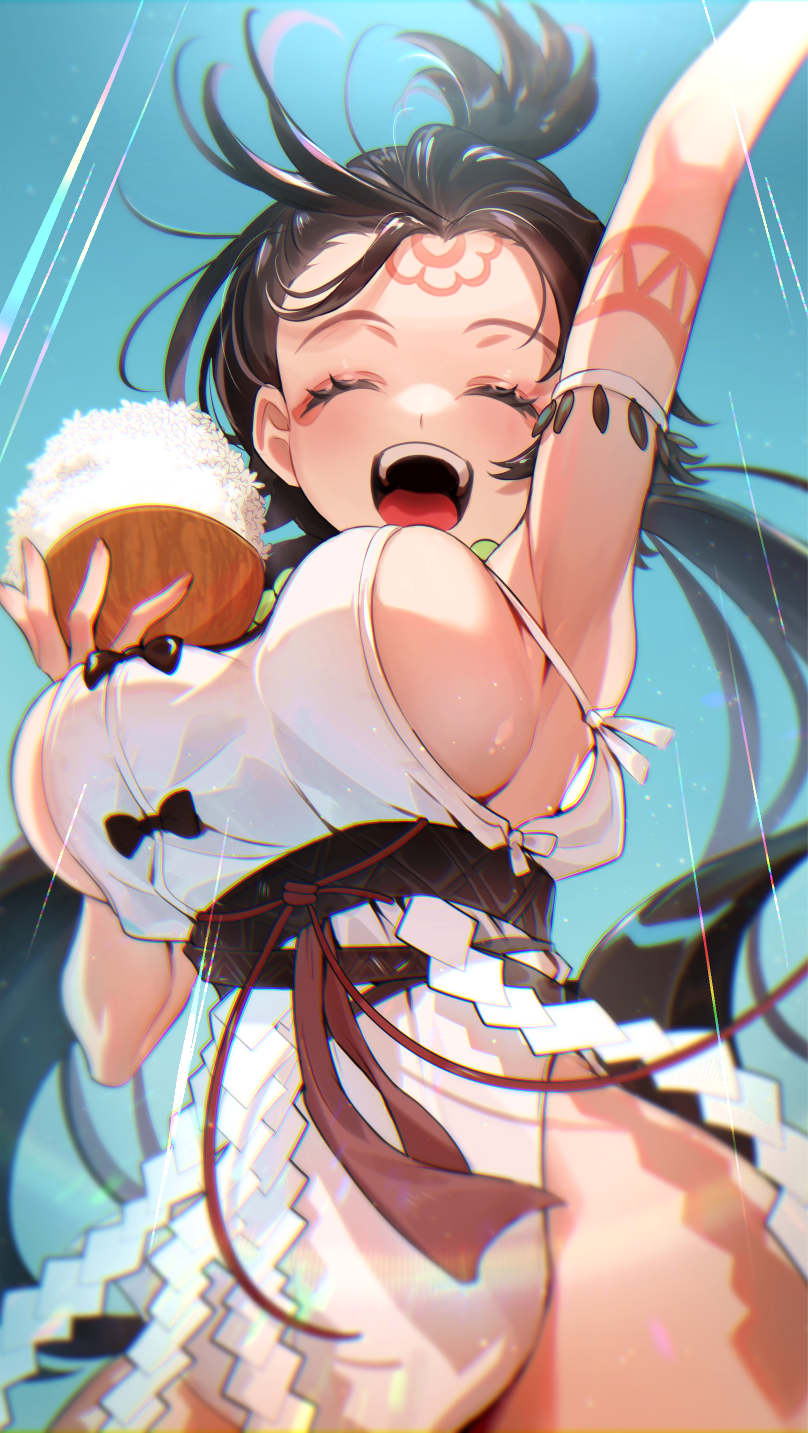 1girl arm_up armpits body_markings bowl breasts brown_hair closed_eyes fate/grand_order fate_(series) galibo highres himiko_(fate) large_breasts long_hair no_bra no_panties open_mouth rice rice_bowl sideboob sunlight