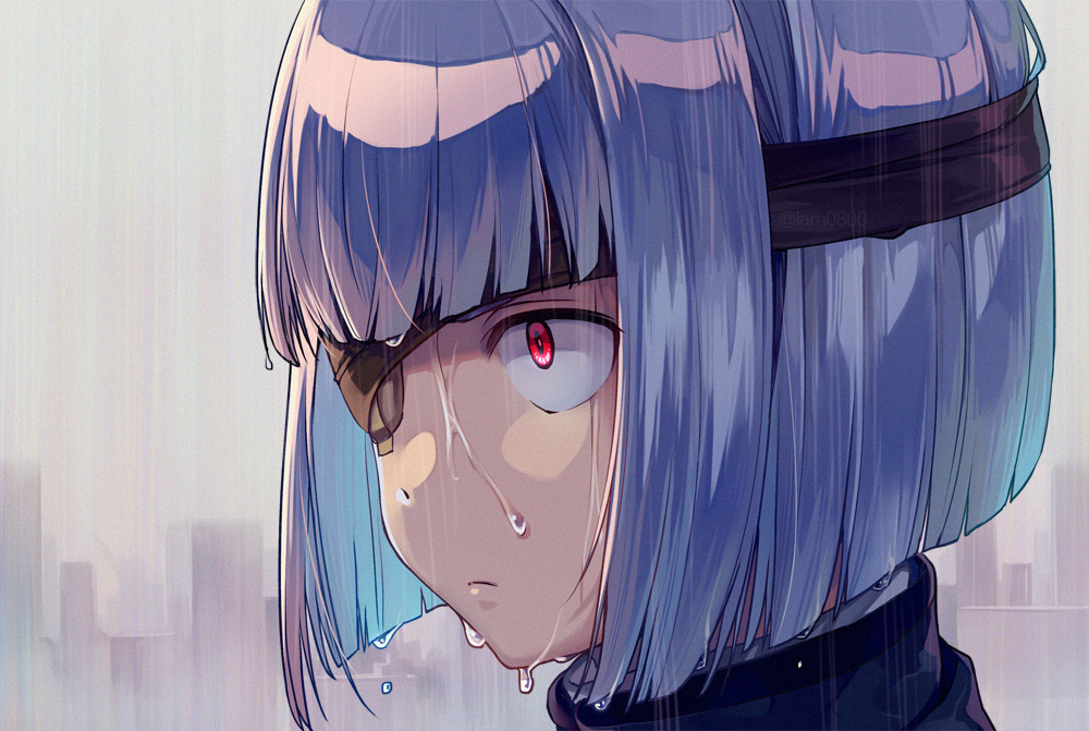 1boy anti_(ssss.gridman) blue_hair close-up closed_mouth commentary dated_commentary dripping expressionless eyepatch face looking_to_the_side male_focus portrait rain red_eyes sayshownen solo ssss.gridman twitter_username water_drop watermark wet wet_face