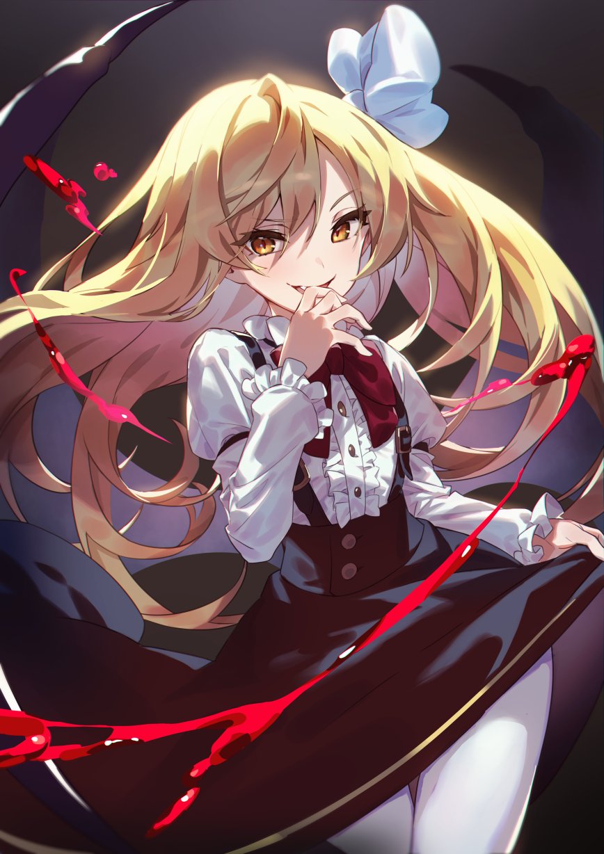 1girl ambiguous_red_liquid bangs bat_wings black_skirt black_wings blonde_hair blouse bow buckle buttons center_frills commentary covering_mouth floating_hair frilled_blouse frilled_shirt frilled_sleeves frills hair_bow hand_up high-waist_skirt highres juliet_sleeves kurumi_(touhou) light_blush long_hair long_sleeves looking_at_viewer open_mouth pantyhose popped_collar puffy_sleeves red_bow red_neckwear shirt sidelocks skirt skirt_hold skirt_lift slit_pupils smile solo suspender_skirt suspenders swept_bangs touhou touhou_(pc-98) uu_uu_zan very_long_hair white_blouse white_bow white_legwear white_shirt wings yellow_eyes