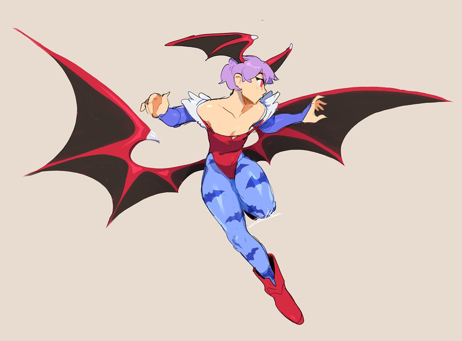 1girl animal_print arms_up bare_shoulders bat_print bat_wings boots brown_background demon_girl flat_chest full_body head_wings leg_up leotard lilith_aensland low_wings pantyhose profile purple_hair red_eyes red_footwear red_leotard short_hair signature simple_background solo succubus vampire_(game) wings zambiie