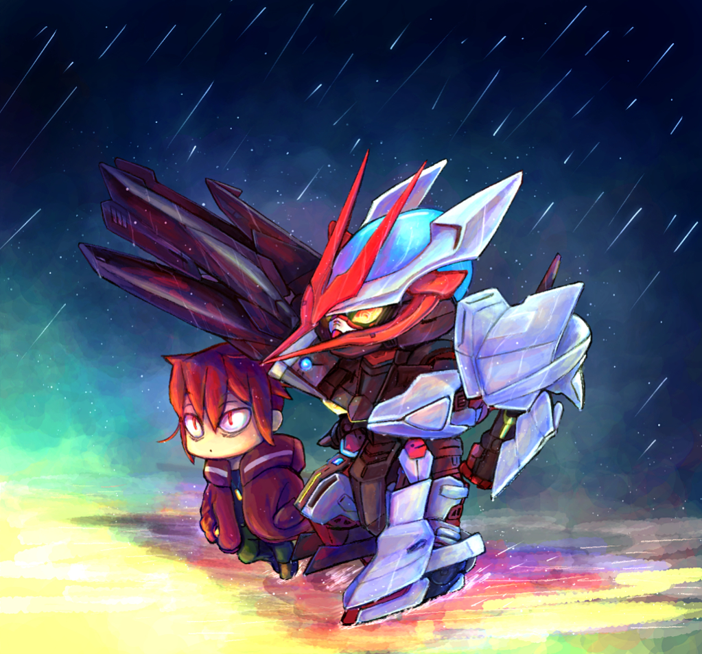 1boy chibi clenched_hand glowing glowing_eye gundam gundam_astray_no_name gundam_build_divers hood hoodie looking_up mecha mth_(nanataisi) rain red_eyes redhead shiba_tsukasa yellow_eyes