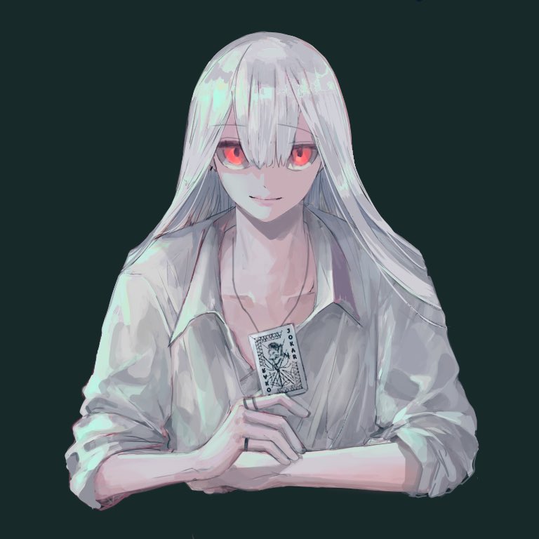 1boy card collarbone earrings eyebrows_visible_through_hair green_background hair_between_eyes holding holding_card jewelry joker_card kf8fw long_hair male_focus necklace original playing_card red_eyes ring simple_background sleeves_rolled_up solo white_hair