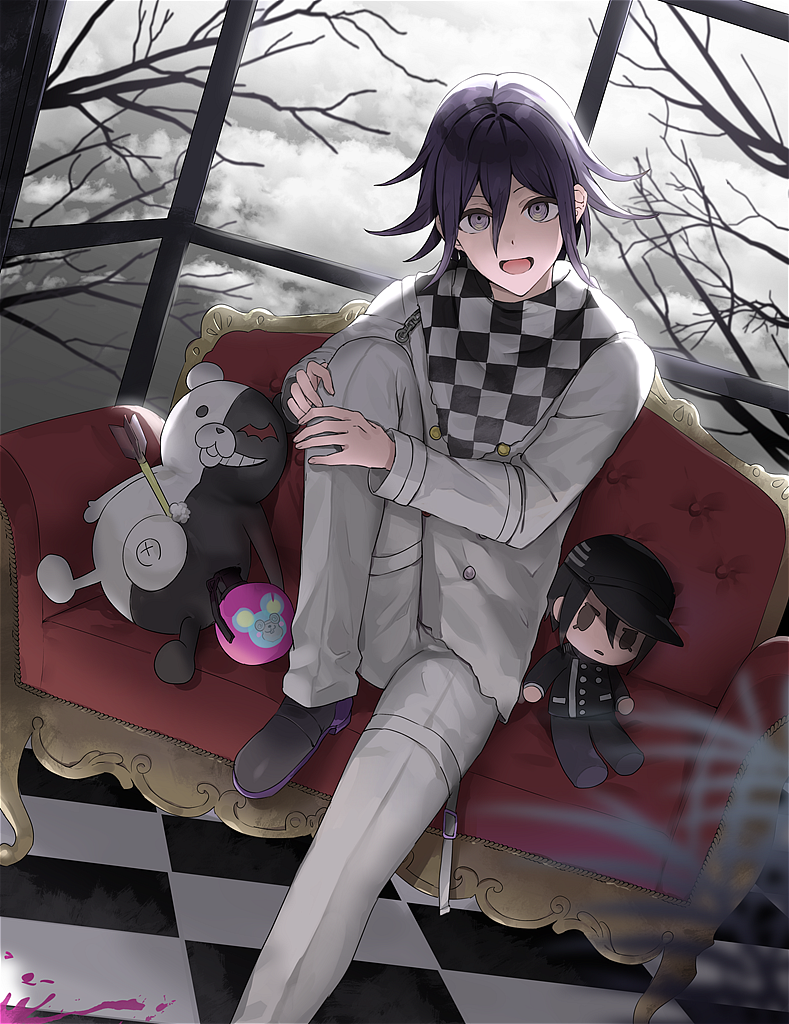 1boy :d arrow_(projectile) bangs bare_tree black_footwear checkered checkered_floor checkered_scarf commentary_request couch dangan_ronpa double-breasted dutch_angle explosive grenade hair_between_eyes hands_on_own_knee jacket knee_up long_sleeves looking_at_viewer male_focus monokuma new_dangan_ronpa_v3 open_mouth ouma_kokichi pants purple_hair saihara_shuuichi scarf shoes short_hair sitting smile solo straitjacket stuffed_animal stuffed_toy suusuke teddy_bear tree violet_eyes white_jacket white_pants window