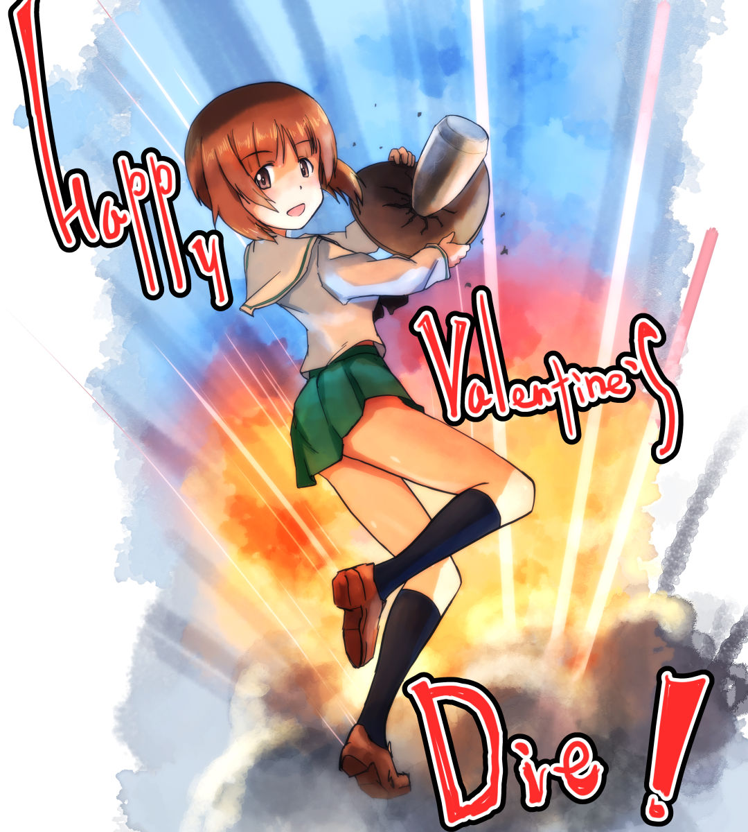 1girl bangs black_neckerchief black_socks blouse brown_eyes brown_footwear brown_hair chocolate commentary english_text explosion food from_behind girls_und_panzer green_skirt happy_valentine highres holding holding_food jumping kneehighs loafers long_sleeves looking_at_viewer looking_back miniskirt neckerchief nishizumi_miho ooarai_school_uniform open_mouth pleated_skirt pun sailor_collar school_uniform serafuku shirt shoes short_hair skirt smile socks solo tank_shell torise_kai valentine white_sailor_collar white_shirt