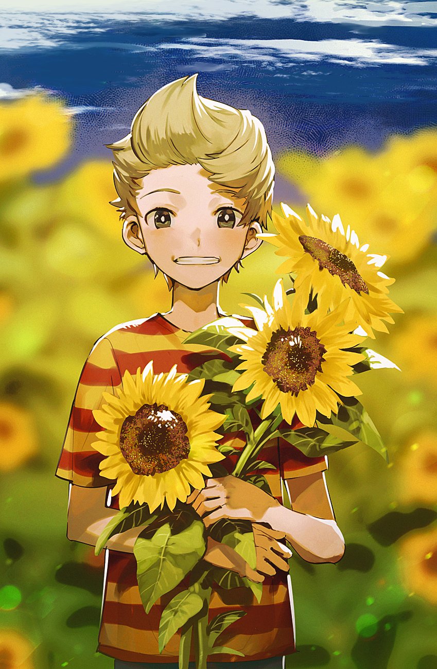 1boy aoki_(fumomo) blonde_hair blurry blurry_background blush clouds day flower grin highres holding holding_flower lucas_(mother_3) male_focus mother_(game) mother_3 outdoors shirt short_sleeves sky smile solo striped striped_shirt sunflower