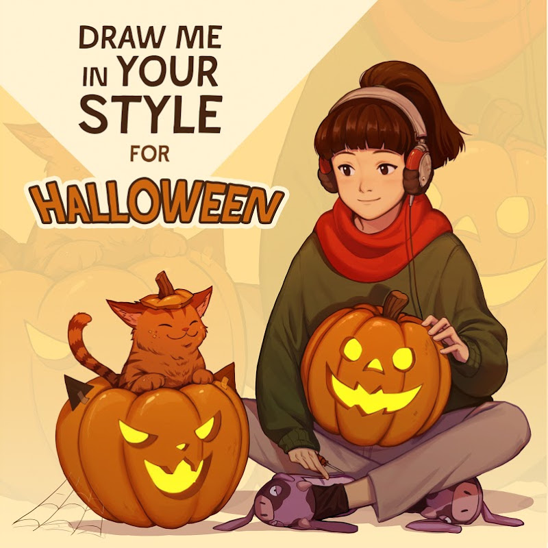 1girl bangs blunt_bangs brown_eyes brown_hair cable cat chilledcow_stream_girl commentary english_commentary full_body green_sweater headphones indian_style jack-o'-lantern julia_shii listening_to_music long_hair original ponytail pumpkin red_scarf scarf second-party_source sitting slippers smile socks solo_focus sweater zoom_layer