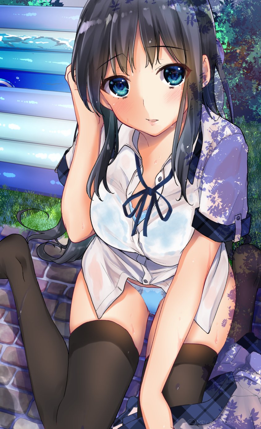 1girl bangs black_hair black_legwear blue_bra blue_eyes blue_neckwear blue_panties blue_ribbon blush bra breasts collared_shirt commentary_request eyebrows_visible_through_hair eyelashes grass hand_up highres large_breasts long_hair looking_at_viewer neck_ribbon original outdoors panties parted_lips partially_unbuttoned plaid plaid_skirt ribbon school_swimsuit see-through shadow shiny shiny_hair shirt short_sleeves sidelocks sitting skindentation skirt skirt_removed solo swimsuit thigh-highs underwear wading_pool wariza wet wet_clothes wet_hair wet_shirt white_shirt wing_collar yu_yu