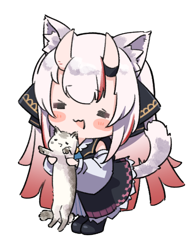 1girl :3 :d =_= animal animal_ear_fluff animal_ears blush cat cat_ears cat_tail chibi commentary_request detached_sleeves full_body gradient_hair holding holding_animal holding_cat hololive horns kemonomimi_mode long_hair multicolored_hair nakiri_ayame namaonpa open_mouth redhead simple_background smile standing tail virtual_youtuber white_background white_hair