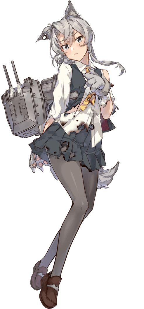 1girl animal_ears asymmetrical_hair bangs belt blouse cannon flipped_hair full_body gloves grey_eyes halloween_costume kantai_collection konishi_(koconatu) loafers machinery necktie nowaki_(kantai_collection) official_art pantyhose paws pleated_skirt shoes silver_hair skirt swept_bangs tail torpedo_launcher torpedo_tubes transparent_background turret vest wolf_ears wolf_girl wolf_tail