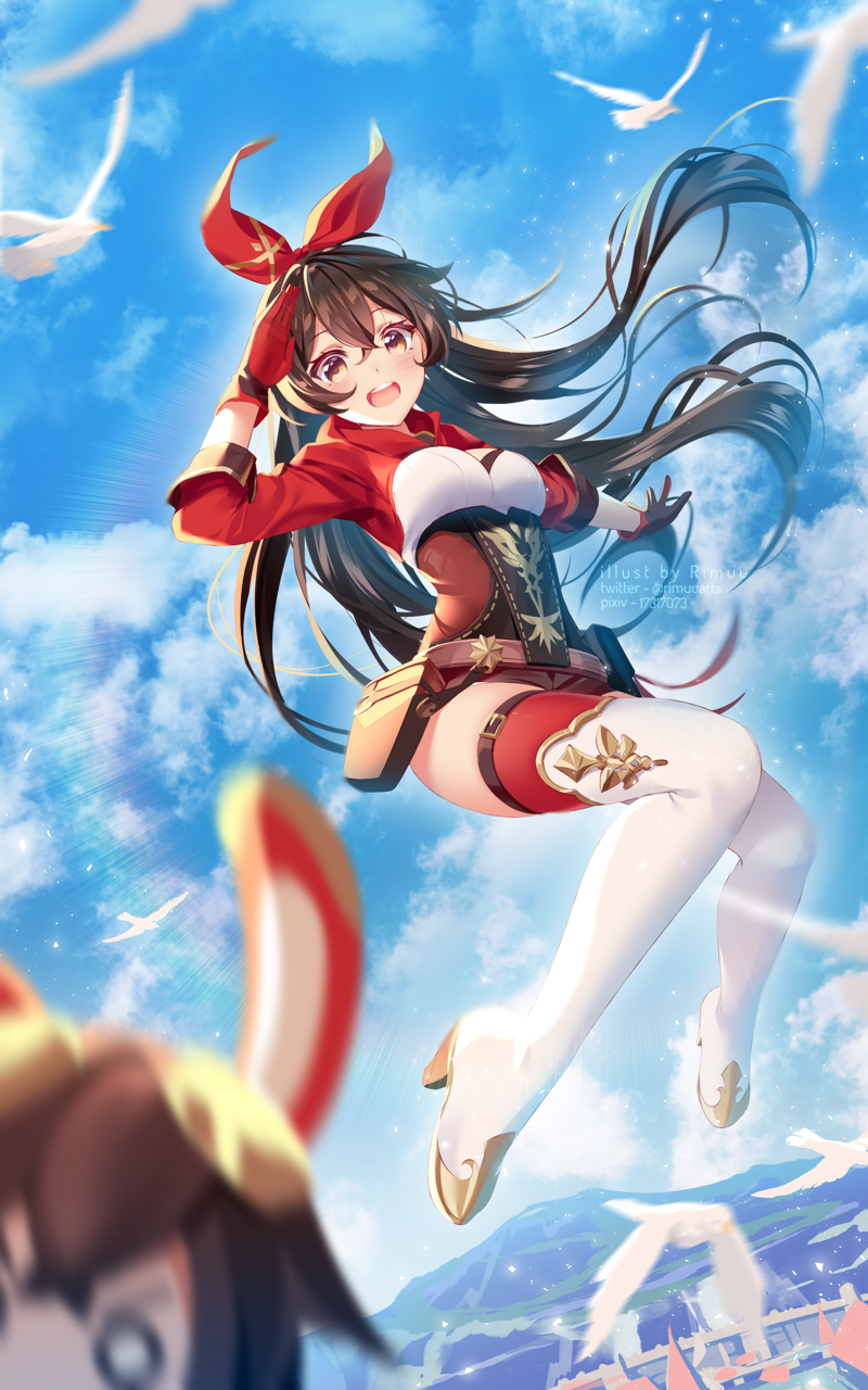 1girl :d amber_(genshin_impact) arm_up artist_name bangs belt belt_pouch bird black_hair blue_sky blurry blurry_foreground blush boots breasts brown_shorts clouds commentary corset day depth_of_field doll full_body genshin_impact hair_ribbon highres long_hair long_sleeves looking_at_viewer medium_breasts midair o_o open_mouth outdoors outstretched_arm pouch red_legwear red_ribbon ribbon rimuu salute short_shorts shorts shrug_(clothing) sky smile solo thigh-highs thigh_boots thighhighs_under_boots two-tone_gloves very_long_hair white_footwear yellow_eyes