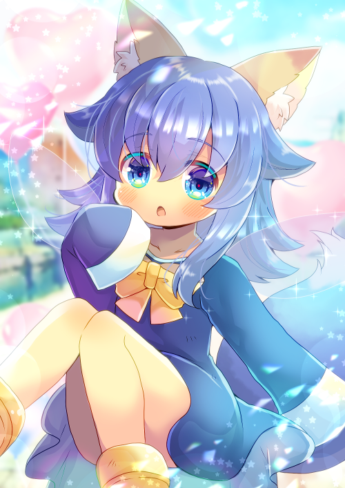 1girl :o animal_ear_fluff animal_ears bangs blue_dress blue_eyes blue_hair blurry blurry_background blush bow commentary_request day depth_of_field dress eyebrows_visible_through_hair fairy_wings feet_out_of_frame hair_between_eyes hand_up heart knees_together_feet_apart knees_up kouu_hiyoyo long_hair long_sleeves looking_at_viewer open_mouth original outdoors sleeves_past_fingers sleeves_past_wrists solo star_(symbol) tail transparent_wings wings yellow_bow