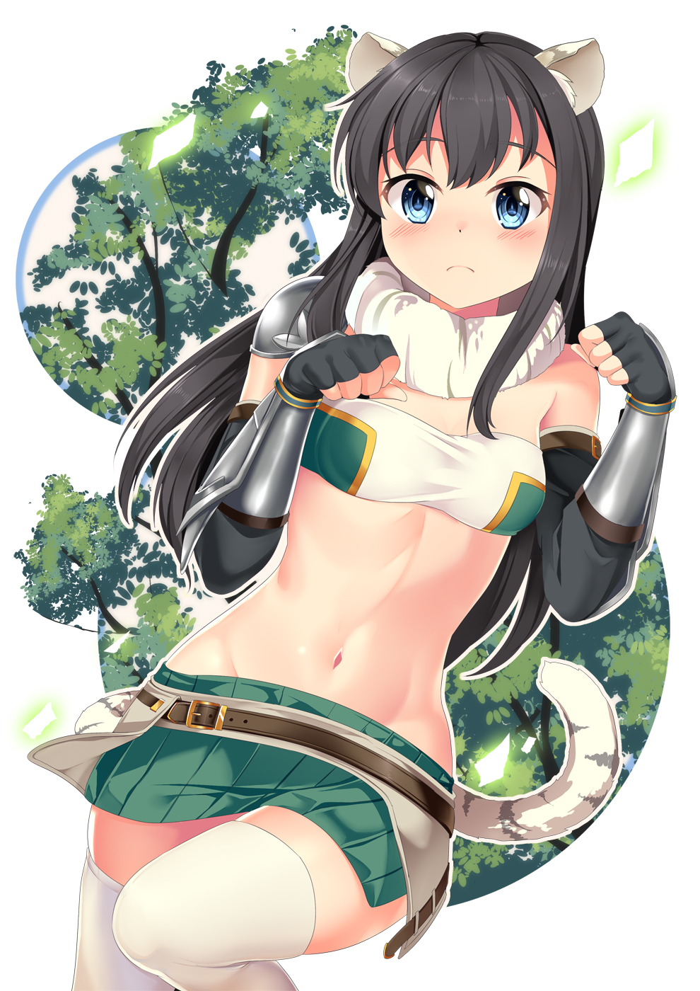 1girl animal_ear_fluff animal_ears armor asashio_(kantai_collection) bandeau bangs belt black_gloves black_hair blue_eyes blush breasts brown_belt closed_mouth commentary_request cosplay cowboy_shot eyebrows_behind_hair fake_animal_ears fake_tail fingerless_gloves frown fur_collar gauntlets gloves green_skirt groin hair_between_eyes highres kantai_collection long_hair looking_at_viewer midriff miniskirt navel paw_pose princess_connect! princess_connect!_re:dive shiori_(princess_connect!) shiori_(princess_connect!)_(cosplay) shoulder_armor sidelocks single_bare_shoulder skindentation skirt small_breasts solo standing standing_on_one_leg striped striped_tail tail taut_clothes thigh-highs tiger_ears tiger_tail tree vertical-striped_skirt vertical_stripes white_background white_legwear yasume_yukito zettai_ryouiki