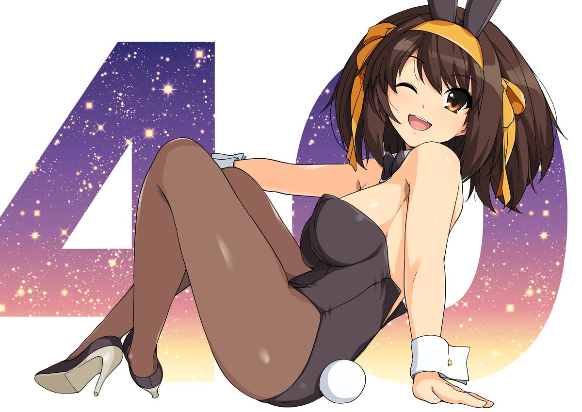 1girl animal_ears arm_support bare_shoulders black_footwear black_leotard breasts brown_eyes brown_hair bunny_tail commentary_request detached_collar eyebrows_visible_through_hair fake_animal_ears full_body hairband haruhisky high_heels leotard looking_at_viewer medium_breasts one_eye_closed open_mouth pantyhose playboy_bunny rabbit_ears shiny shiny_clothes shiny_hair shiny_skin short_hair simple_background sitting smile solo strapless strapless_leotard suzumiya_haruhi suzumiya_haruhi_no_yuuutsu tail wrist_cuffs