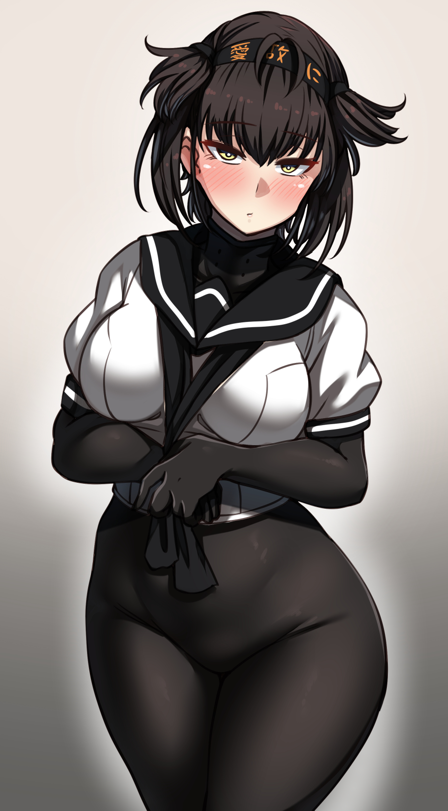 1girl alternate_breast_size bangs black_bodysuit black_hair black_sailor_collar blush bodysuit breasts closed_mouth clothes_writing eyebrows_visible_through_hair hachimaki hair_flaps hatsuzuki_(kantai_collection) headband highres kantai_collection large_breasts ryuun_(stiil) sailor_collar school_uniform serafuku short_sleeves solo yellow_eyes