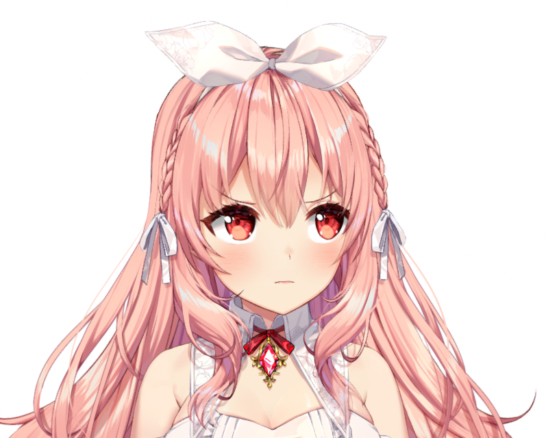 atelier_live braid closed_mouth dress frown hairband indie_virtual_youtuber looking_to_the_side pink_hair pinku red_eyes ribbon rosuuri twin_braids virtual_youtuber white_background white_dress white_hairband white_ribbon