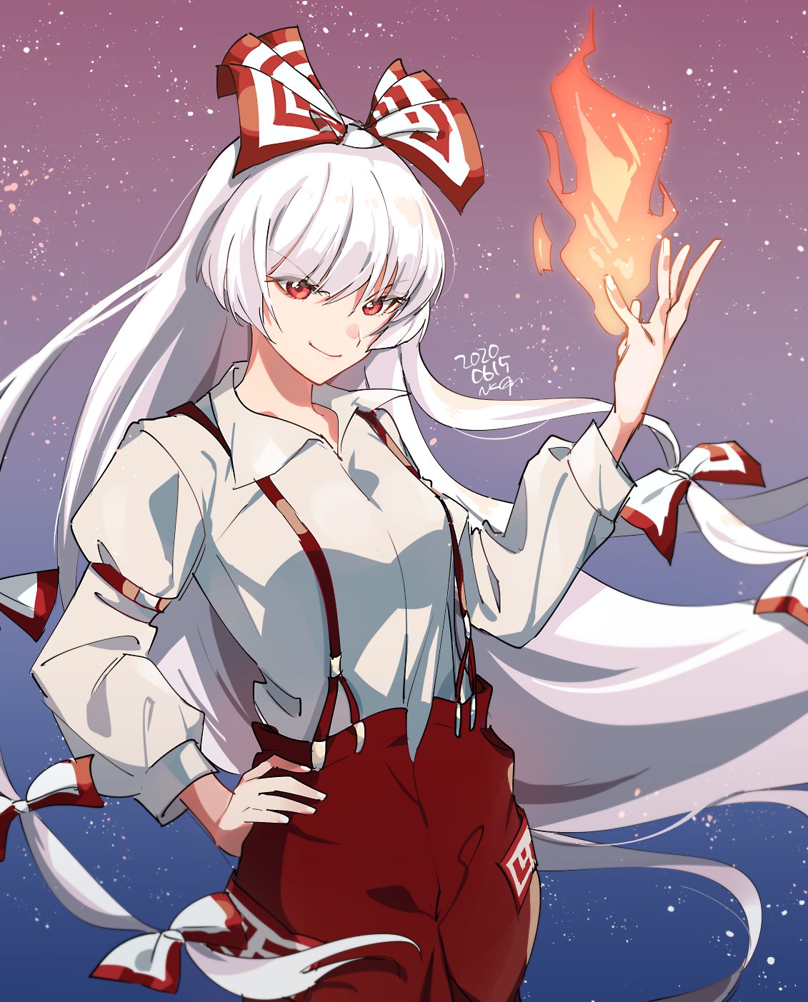 1girl blue_background bow breasts closed_mouth collared_shirt commentary cowboy_shot dated eyebrows_visible_through_hair fire fujiwara_no_mokou gradient gradient_background hair_between_eyes hair_bow hair_ribbon hand_on_hip highres long_hair looking_at_viewer medium_breasts nakagomiyuki415 pants red_background red_eyes red_pants ribbon shirt signature silver_hair simple_background smile smirk solo suspenders touhou white_shirt wing_collar