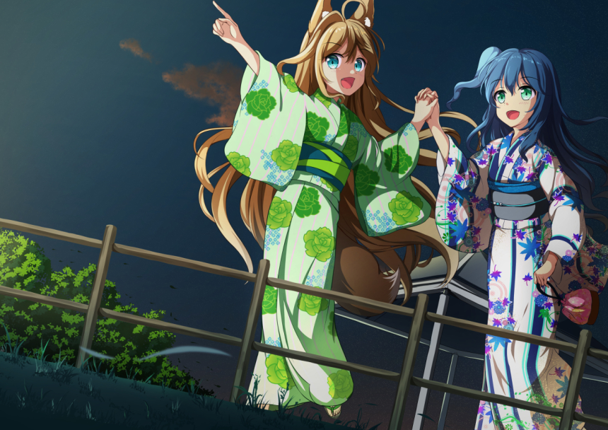 2girls ahoge animal_ear_fluff animal_ears blue_hair brown_hair commentary_request floral_print fox_ears fox_girl fox_tail green_eyes green_kimono hand_up holding holding_hands interlocked_fingers japanese_clothes kimono leaf_print long_hair long_sleeves multiple_girls obi one_side_up original outdoors outstretched_arm pointing print_kimono railing sash single_hair_intake standing standing_on_one_leg sunrise tail tsuyukina_fuzuki very_long_hair white_kimono wide_sleeves yukata