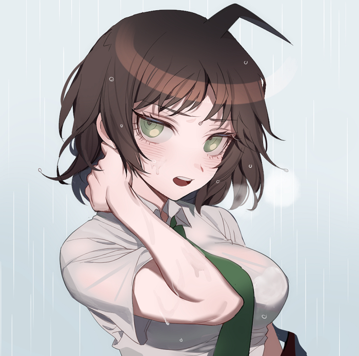 1girl ahoge bangs blush breasts brown_eyes brown_hair collared_shirt commentary_request dangan_ronpa genderswap genderswap_(mtf) green_neckwear hinata_hajime large_breasts looking_at_viewer medium_hair necktie open_mouth rain school_uniform shirt short_hair short_sleeves smile solo super_dangan_ronpa_2 teeth upper_body upper_teeth wet wet_hair white_shirt zuizi