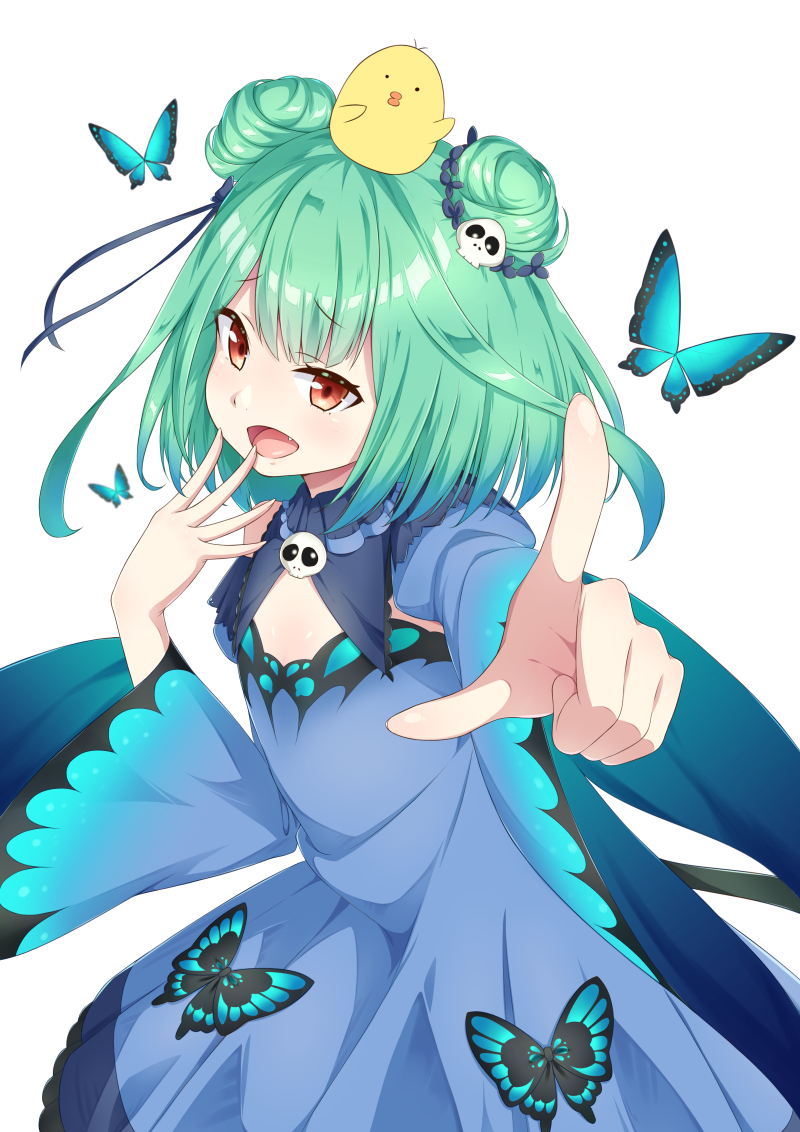 1girl animal_print blue_dress blue_ribbon blue_sleeves blush bug butterfly butterfly_print detached_sleeves double_bun dress eyebrows_visible_through_hair fang flat_chest green_hair hair_ornament hair_ribbon hand_on_own_face hanuma_hanma hololive index_finger_raised insect looking_at_viewer open_mouth pointing pointing_at_viewer red_eyes ribbon short_hair simple_background skull_hair_ornament smile smirk smug solo uruha_rushia virtual_youtuber white_background wide_sleeves