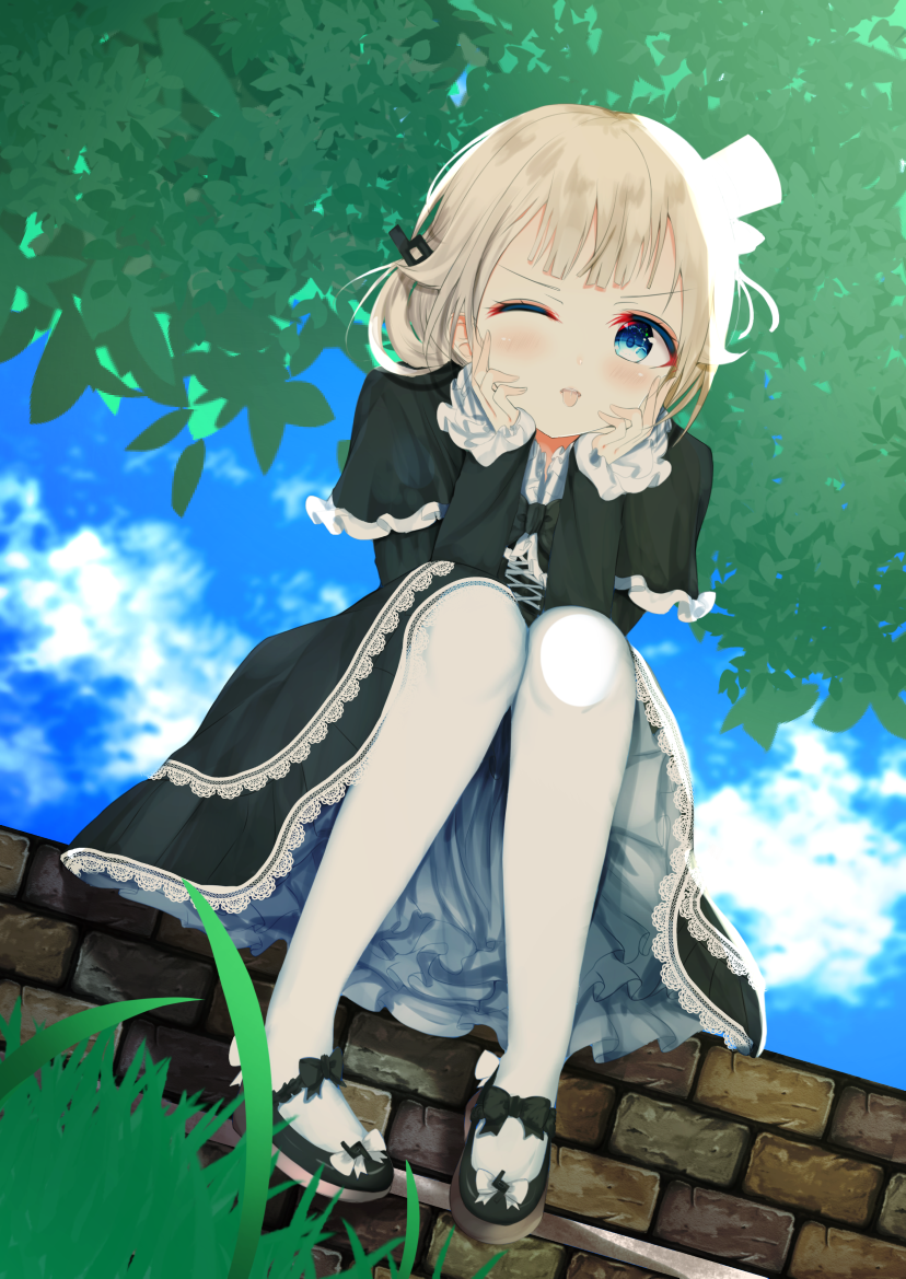 1girl aties20 bangs black_bow black_capelet black_dress black_footwear blue_eyes blush bow brick_wall capelet cevio closed_mouth commentary_request day dress frilled_capelet frills hair_ornament hands_up light_brown_hair long_sleeves looking_at_viewer one_(cevio) one_eye_closed outdoors pantyhose shoes sitting sleeves_past_wrists solo tongue tongue_out white_legwear