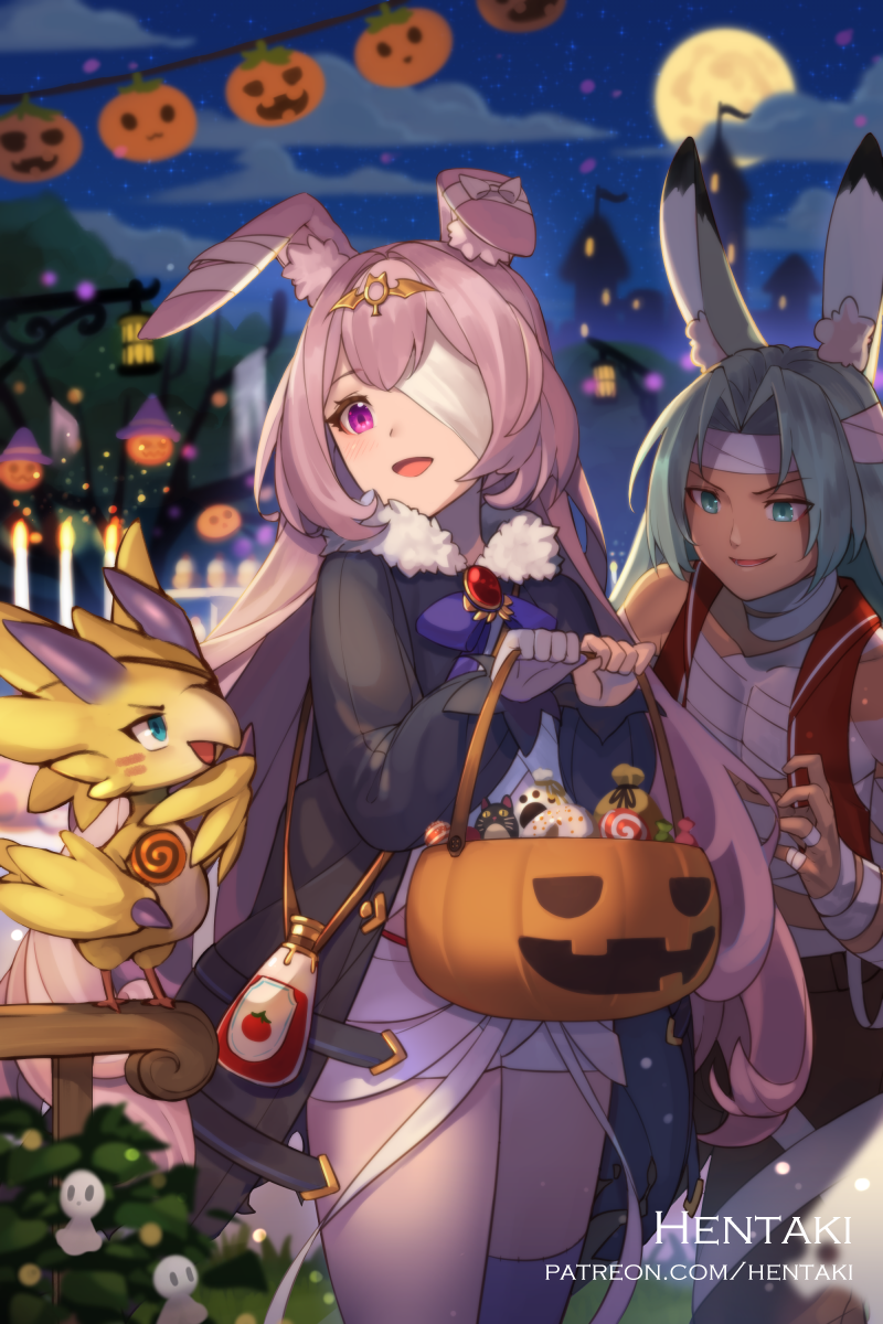 1boy 1girl animal animal_ear_fluff animal_ears artist_name bandage_over_one_eye bangs bird black_jacket black_pants blue_eyes blue_hair blurry blurry_background bow candy character_request commentary depth_of_field dragalia_lost english_commentary eyebrows_visible_through_hair eyepatch food full_moon fur-trimmed_jacket fur_trim halloween halloween_basket headpiece hentaki highres holding jacket jupiter_(dragalia_lost) ketchup ketchup_bottle lollipop long_hair melsa moon night night_sky open_clothes open_jacket outdoors pants parted_bangs pink_hair purple_bow rabbit_ears red_vest short_shorts shorts sky swirl_lollipop very_long_hair vest violet_eyes watermark web_address white_shorts