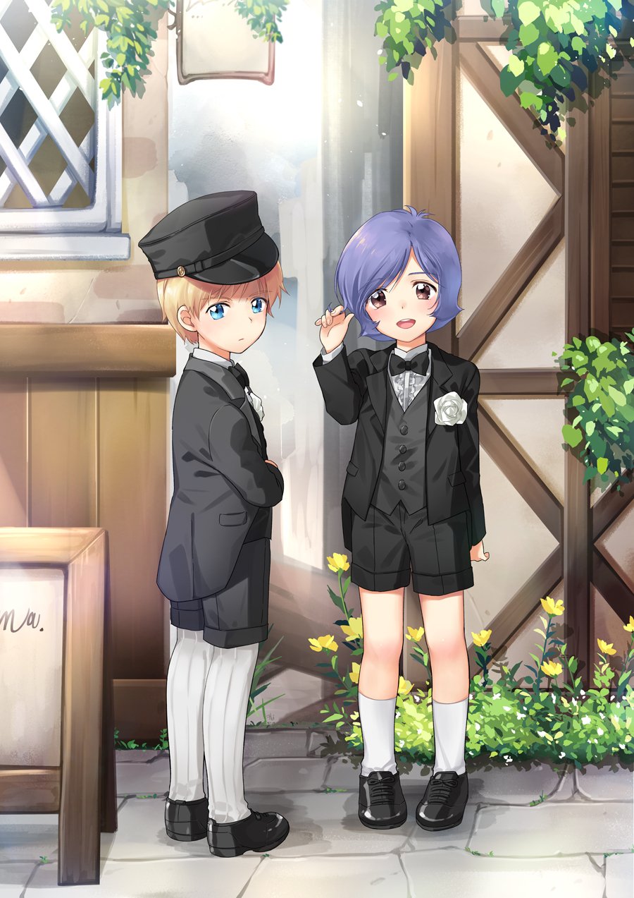 2boys adjusting_hair blonde_hair blue_eyes bow bowtie brown_eyes casval_rem_deikun char_aznable child flower formal garma_zabi gundam hat highres mobile_suit_gundam_the_origin multiple_boys p.kibi short_hair shorts smile younger