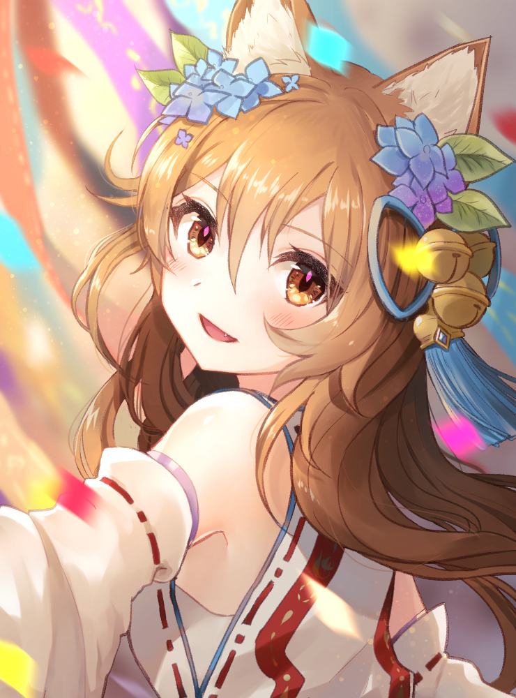 1girl animal_ear_fluff animal_ears bangs bare_shoulders bell blush brown_eyes brown_hair close-up detached_sleeves eyebrows_visible_through_hair fang flower fox_ears fox_girl hair_bell hair_between_eyes hair_flower hair_ornament harua_sorausagi japanese_clothes korin_(shironeko_project) long_hair looking_at_viewer miko shironeko_project solo