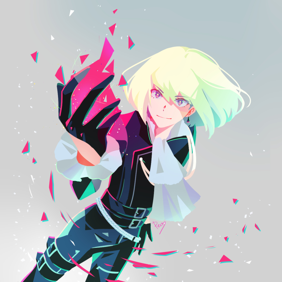 belt biker_clothes bishounen black_gloves black_jacket bright_pupils cravat earrings eyebrows_visible_through_hair eyes_visible_through_hair fire gloves green_hair half_gloves jacket jewelry lio_fotia multiple_belts peko_(pepan) pink_fire promare pyrokinesis short_hair signature smile triangle_earrings violet_eyes yellow_pupils