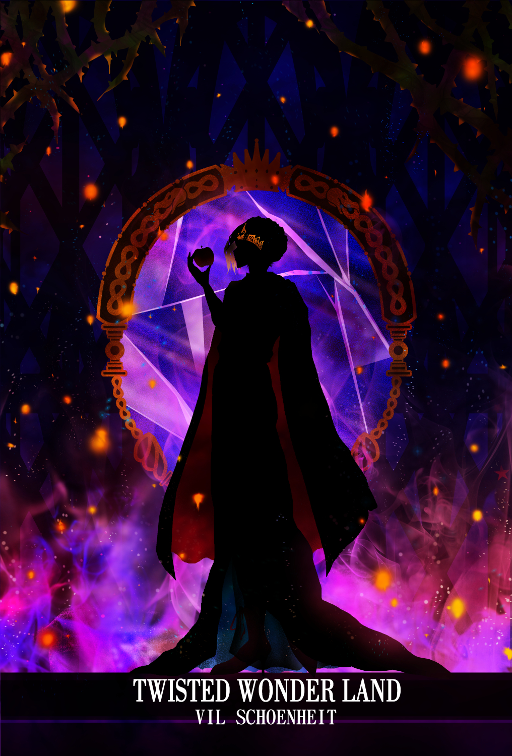 1boy apple broken_glass broken_mirror cape character_name copyright_name embers food fruit glass harada_miyuki highres holding holding_food holding_fruit minimalism mirror purple_theme red_cape silhouette solo spot_color standing thorns twisted_wonderland vil_schoenheit