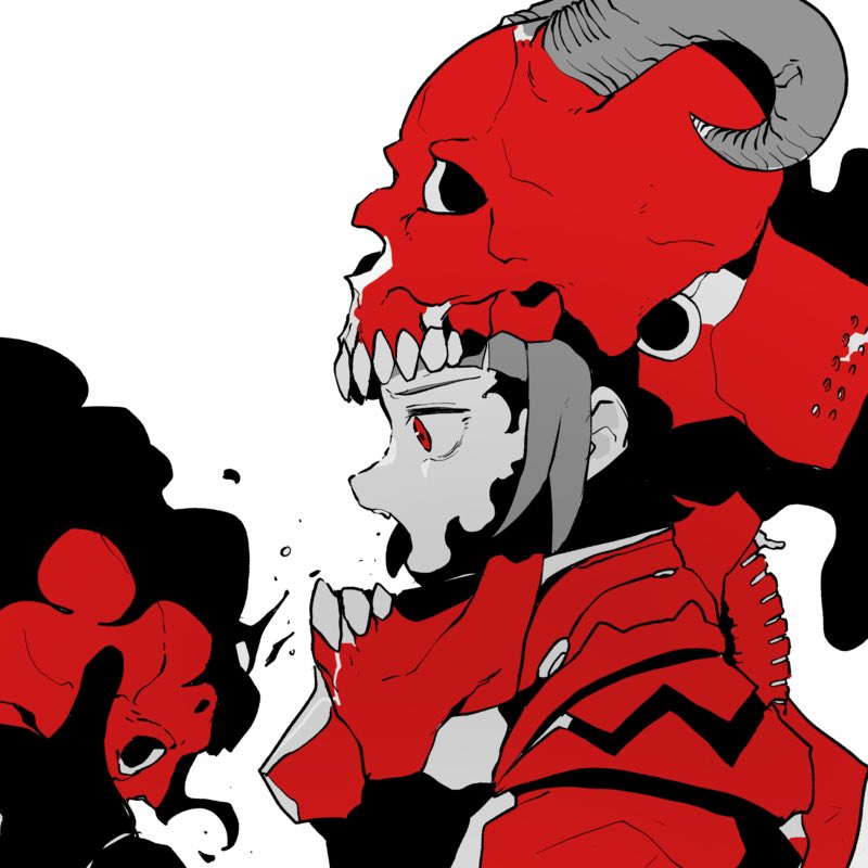 1girl ddari from_side helmet horns monochrome open_mouth original profile red_eyes red_theme simple_background skull_on_head solo tongue tongue_out white_background