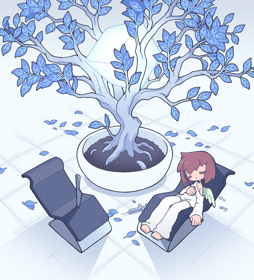 1girl blue_leaf blush brown_hair chair closed_eyes cube glowing knife long_sleeves off-shoulder_shirt off_shoulder original pants plant potted_plant shirt short_hair single_wing sleeping solo syringe tree white_pants white_shirt wide_shot wings yamori_511