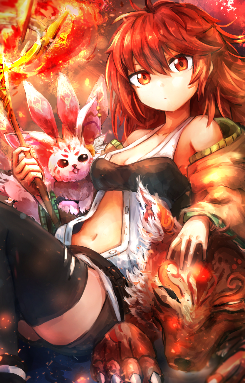 1girl bare_shoulders belt breasts claws creature duel_monster fire fox hand_on_another's_head hatano_kiyoshi highres hiita holding holding_staff inari_fire medium_hair midriff navel open_clothes open_robe orange_eyes petting redhead robe shirt shorts sitting sleeveless sleeveless_shirt staff thigh-highs torn_clothes torn_legwear unbuttoned unbuttoned_shirt yu-gi-oh!