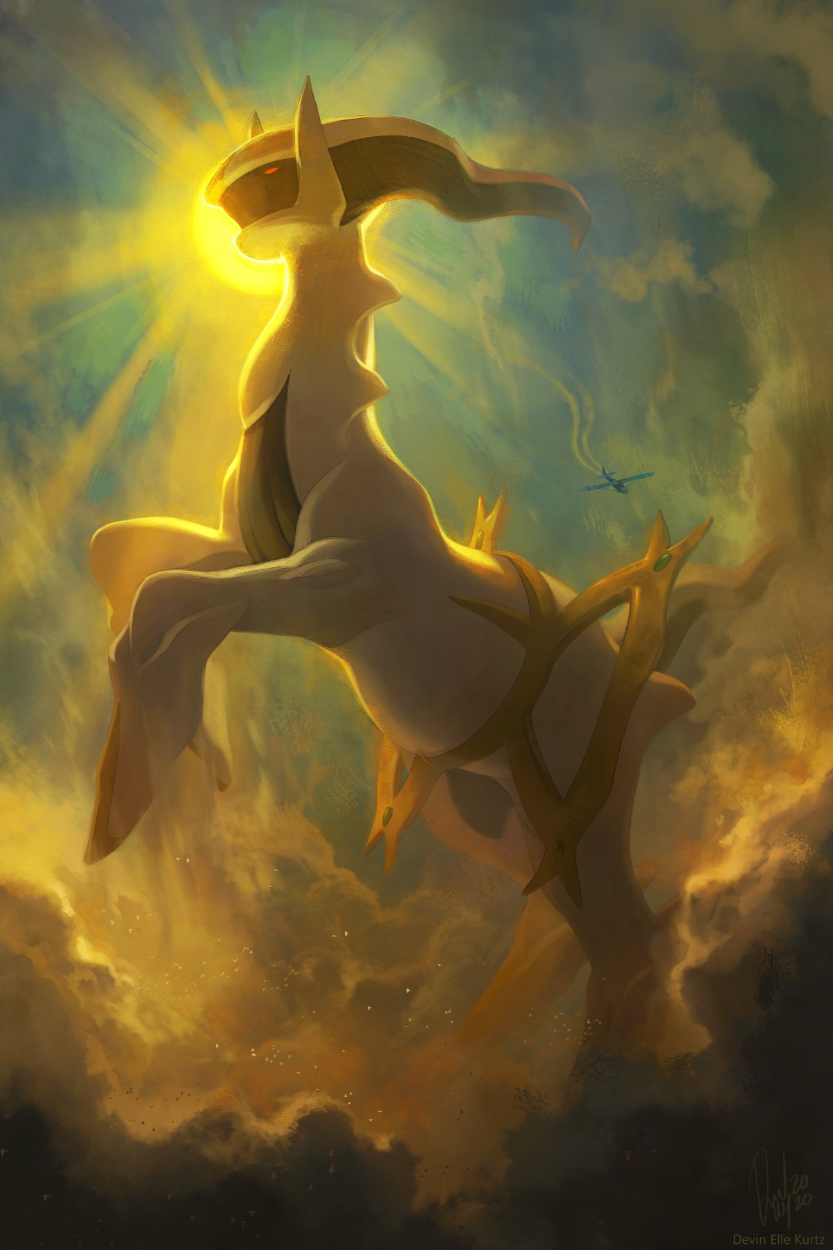 aircraft airplane arceus artist_name clouds commentary devin_elle_kurtz english_commentary gen_4_pokemon highres mythical_pokemon no_humans outdoors pokemon pokemon_(creature) red_eyes solo sun watermark