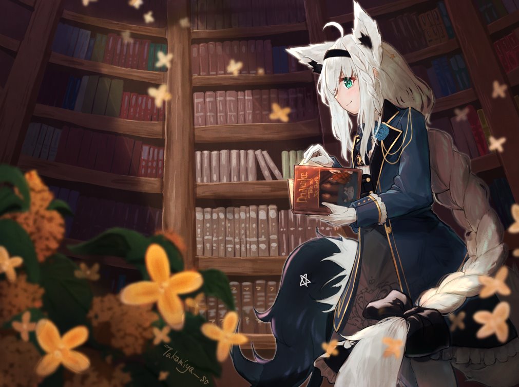 1girl ahoge animal_ears beige_skirt black_bow blue_flower blue_jacket blue_rose blurry_foreground book bookshelf bow braid braided_ponytail commentary_request eyebrows_visible_through_hair flower fox_ears fox_girl fox_tail gloves green_eyes hair_between_eyes hair_bow hairband holding holding_book hololive jacket long_hair looking_at_viewer open_clothes open_jacket pentagram rose shirakami_fubuki solo tail takamiya_so very_long_hair virtual_youtuber white_gloves white_hair