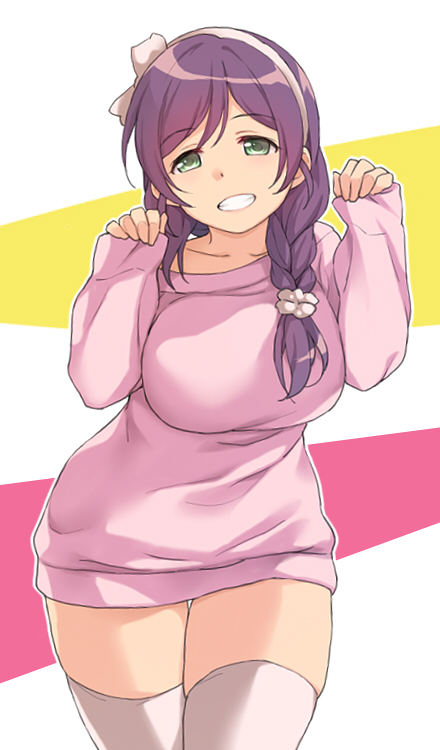 1girl braid clenched_teeth deyuuku green_eyes hairband hands_up long_sleeves looking_at_viewer love_live! love_live!_school_idol_project pink_sweater single_braid smile solo sweater teeth thigh-highs thighs toujou_nozomi white_hairband white_legwear