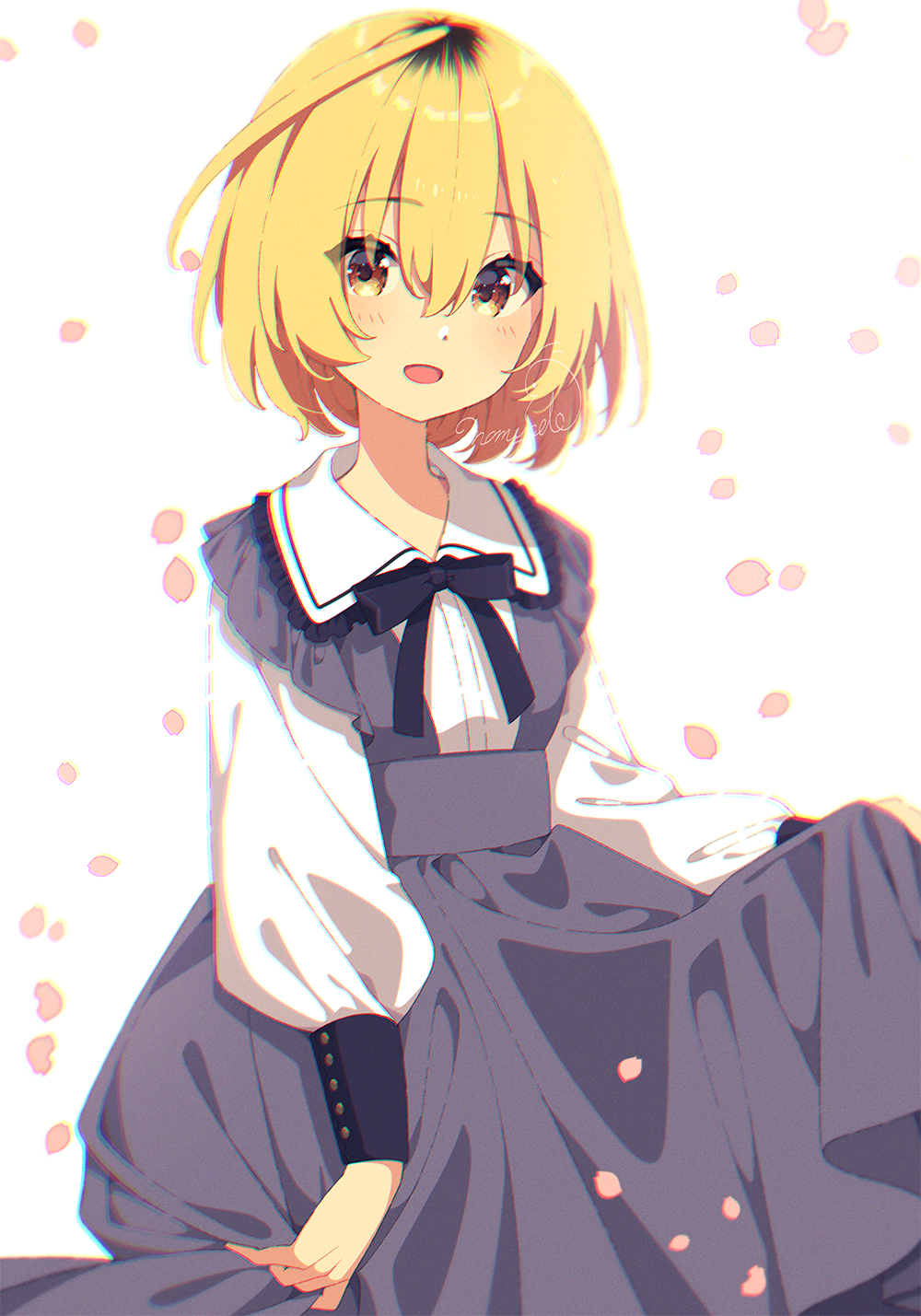 1girl black_bow black_neckwear blonde_hair bow bowtie collar collared_shirt commentary_request commission dress eyebrows_visible_through_hair frilled_collar frills hair_between_eyes highres long_dress long_sleeves mamyouda open_mouth original petals puffy_long_sleeves puffy_sleeves shirt short_hair simple_background skirt_hold sleeve_cuffs solo white_background yellow_eyes