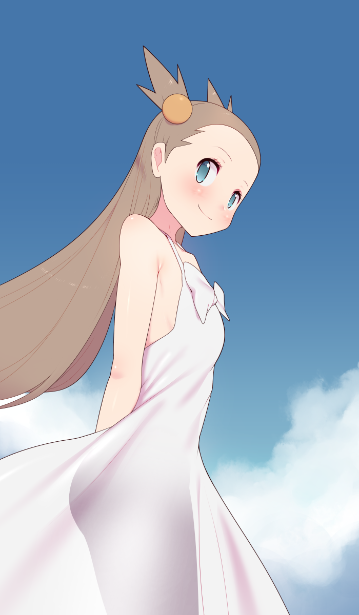 1girl aqua_eyes arms_behind_back bare_arms blush bow brown_hair closed_mouth clouds commentary_request day dress dress_bow hair_bobbles hair_ornament highres jasmine_(pokemon) long_hair looking_to_the_side maidforge no_pupils outdoors pokemon pokemon_(game) pokemon_gsc sky smile solo white_dress