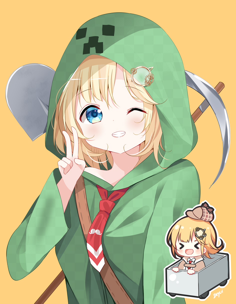 1girl bangs blonde_hair blue_eyes blush chibi chibi_inset commentary cosplay creeparka creeper creeper_(cosplay) deyui eyebrows_visible_through_hair grin hair_ornament highres hololive hololive_english hood hoodie long_sleeves looking_at_viewer minecart minecraft monocle_hair_ornament multiple_views necktie one_eye_closed open_mouth orange_background pickaxe red_neckwear short_hair shovel simple_background smile striped upper_body v virtual_youtuber watson_amelia