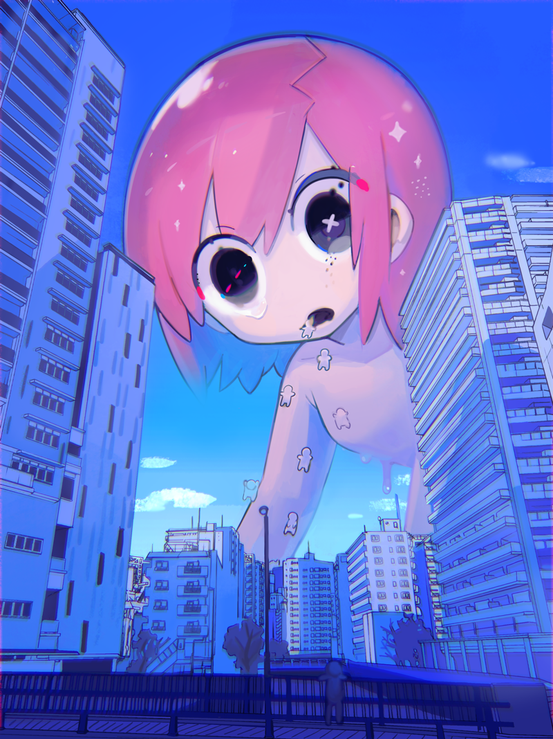 1girl black_eyes blue_sky building clouds dripping giantess no_nose original outdoors pink_hair short_hair sky solo terada_tera tree