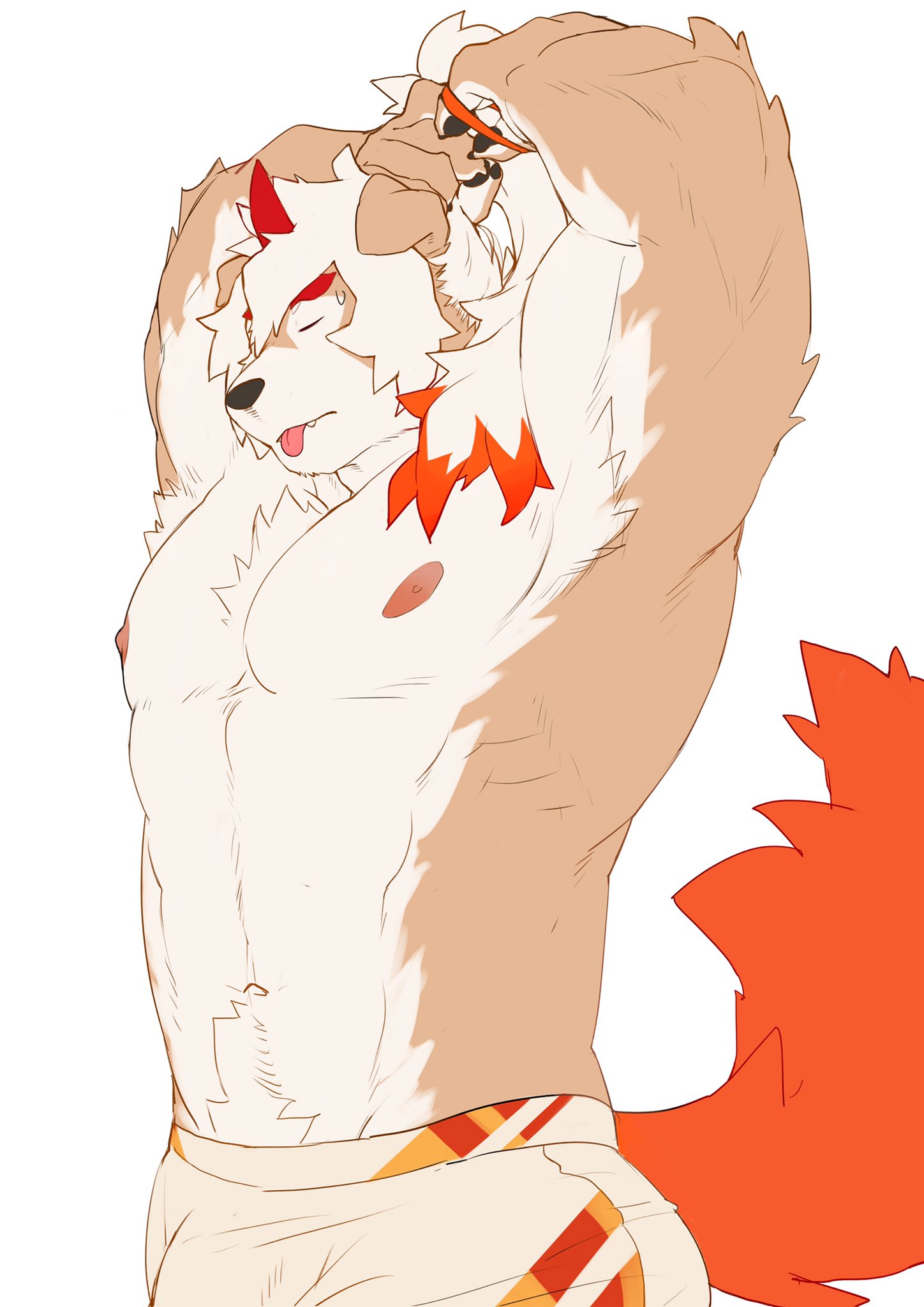 1boy :p abs animal_ears arknights armpits arms_up bangs bara boogbogex boxers brown_fur bulge chest closed_eyes cropped_legs dog_boy dog_ears facial_hair furry goatee highres horns hung_(arknights) looking_to_the_side male_focus manly multicolored_hair muscle navel navel_hair nipples orange_hair short_hair sideburns single_horn solo streaked_hair sweatdrop tail_raised tongue tongue_out two-tone_fur underwear underwear_only white_background white_fur white_hair
