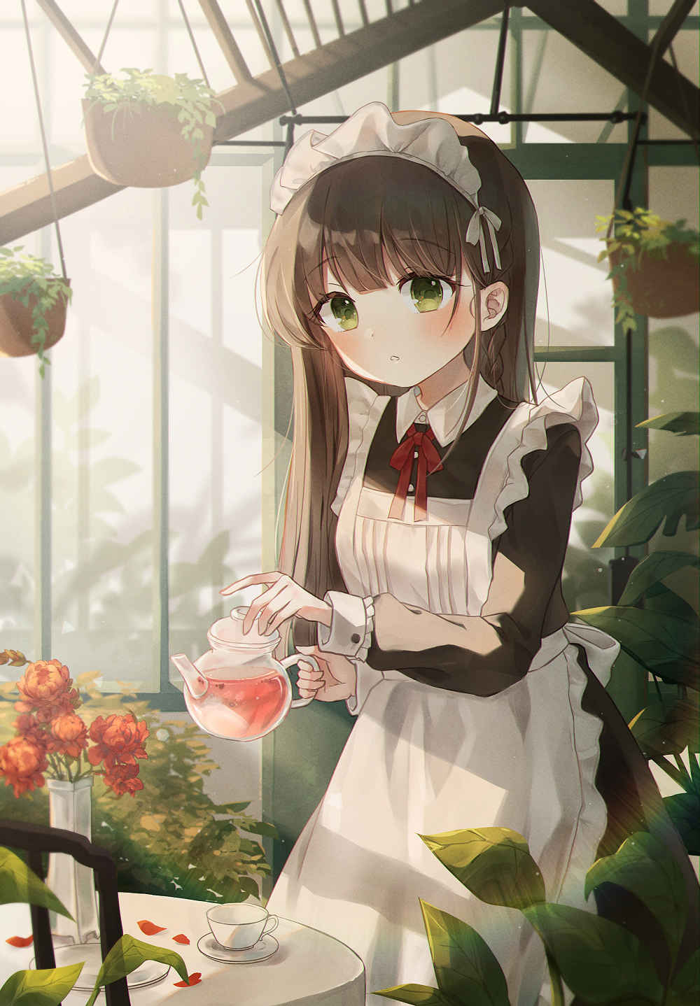 1girl apron blush braid brown_hair cup green_eyes greenhouse highres indoors long_hair looking_at_viewer maid maid_apron maid_dress maid_headdress original plant solo spi standing tea teacup teapot