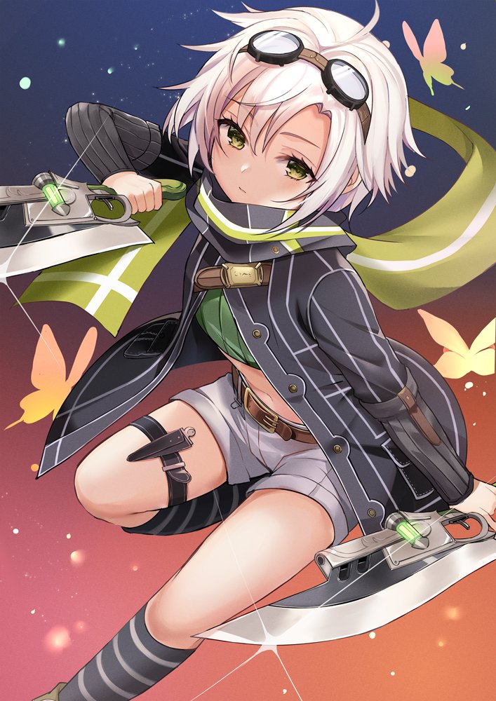 1girl belt black_jacket crop_top dagger dual_wielding eiyuu_densetsu fie_claussell flat_chest glint goggles goggles_on_head gradient gradient_background green_eyes green_shirt gunblade holding holding_weapon jacket kneehighs long_sleeves looking_at_viewer midriff navel open_clothes open_jacket reverse_grip ry_thae scarf sen_no_kiseki shirt short_hair short_shorts shorts solo striped striped_legwear thigh_strap thighs weapon white_hair white_shorts