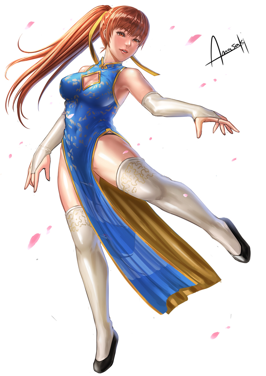 1girl amasaki_yusuke artist_name bangs breasts brown_eyes brown_hair cherry_blossoms china_dress chinese_clothes dead_or_alive dead_or_alive_6 dress highres kasumi_(doa) ponytail solo standing standing_on_one_leg thighhighs thighs white_background white_thighhighs