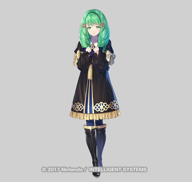 1girl bangs black_dress black_footwear blue_legwear boots clenched_hands closed_mouth commentary_request dress eyebrows_behind_hair fire_emblem fire_emblem:_three_houses flayn_(fire_emblem) frilled_dress frills full_body green_eyes green_hair grey_background hair_ornament knee_boots kousei_horiguchi long_hair long_sleeves looking_at_viewer official_art pantyhose puffy_long_sleeves puffy_sleeves simple_background sleeves_past_wrists smile solo standing watermark